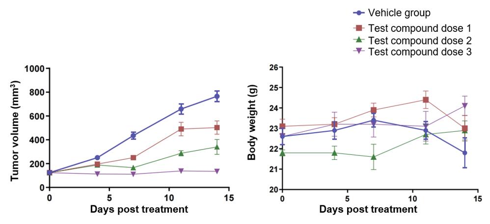 Effects of the test compound on tumor volume and body weight in NCI-H292 tumor-bearing hPBMC-T reconstitution mice, demonstrating potential therapeutic efficacy.