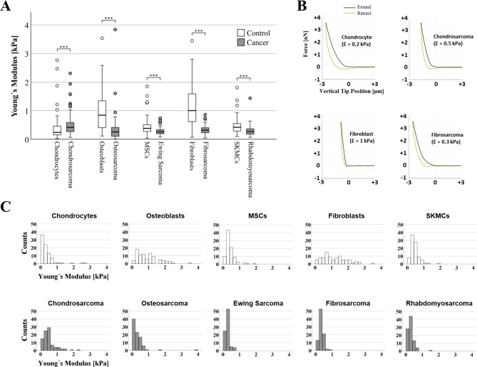 Analysis of Young’s modulus of musculoskeletal cancer cell lines and healthy controls.