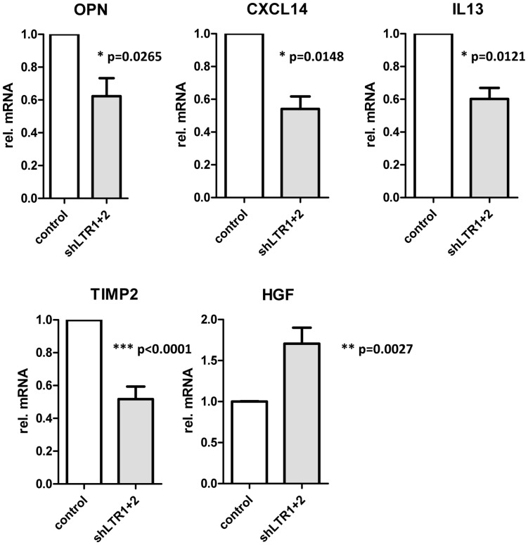 Total RNA of 22Rv1 control and 22Rv1 shLTR1+2 was analyzed for mRNA expression levels of the indicated cytokines by qRT-PCR