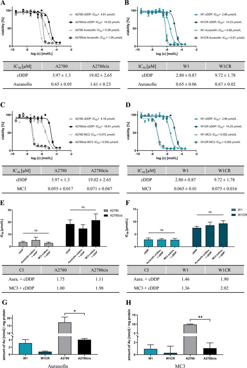 Exemplary cytotoxicity curves for auranofin and MC3, compared to cisplatin, are shown in panels A-D. Histograms illustrate the combination treatment's combination index (CI) at IC50 in panels E-F. Intracellular gold concentrations in W1/CR and A2780/cis cells treated with auranofin are presented in panel G, and those treated with MC3 are shown in panel H.