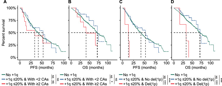 (A, B) Kaplan-Meier analysis of PFS (C) and OS (D) by gain/amp(1q) and number of CAs detected by FISH. Kaplan-Meier analysis of PFS (C) and OS (D) by gain/amp(1q) and del(1p) detected by FISH.