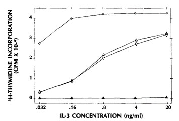 The incorporation of 3H-thymidine by M-07e cells in response to different doses of IL-3 in combination with 8M-CSF was measured in the absence of antibodies and the presence of anti-GM-CSF and the presence of both anti-GM-CSF and anti-IL-3.