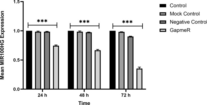 The evaluation of MIR100HG level by qRT-PCR assay after the transfection. The data analysis was accomplished by ΔΔCt method.