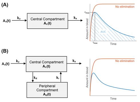 In the example plots, the orange lines represent the drug absorbed assuming no elimination or distribution occurs, while the blue lines represent the time evolution of the drug assuming absorption and elimination (and distribution in B). The area under the curve (AUC), maximum blood concentration (Cmax), and maximum blood concentration-time (tmax) are illustrated in A.