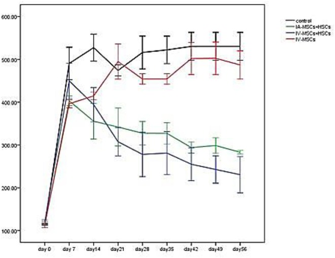 Before and after stem cell transplantation, the mean blood glucose levels in different study groups.