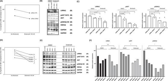 (A) Viable cells, (B) immunoblot, representative of two replicates, and (C) its relative quantification after treatment with a pool of siRNAs targeting LRRK2 in single or in combination with birabresib for 48 h. (D) Viable cells, (E) immunoblot, and (F) relative quantification after treatment with four single different siRNAs targeting LRRK2 in single or in combination with birabresib for 48 h.