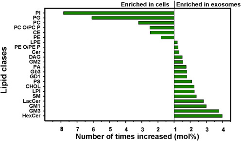 Changes in lipid classes from cells to exosomes in PC-3 cells.