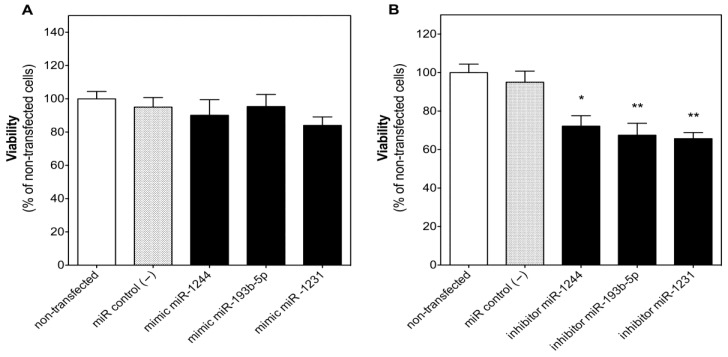 U-2932 cells were reverse transfected separately with 100 nM of miR-1244, miR-193b-5p, or miR-1231 miRNA mimics (A) or inhibitors (B) for 48 h.