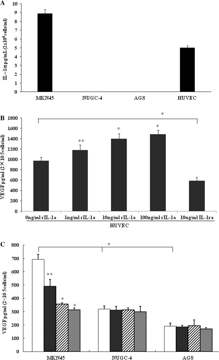 (a) Secreted IL-1α levels in human umbilical vein endothelial cells (HUVECs) and gastric cancer cell lines MKN45, NUGC-4, and AGS. (b) Effect of IL-1α and IL-1RA on the level of VEGF secreted by HUVECs. Secreted VEGF levels were determined in the culture medium of HUVECS by enzyme-linked immunosorbent assay (ELISA). (c) Interleukin-1 receptor antagonist (IL-1RA) influences the secretion of VEGF in gastric cancer cell lines.