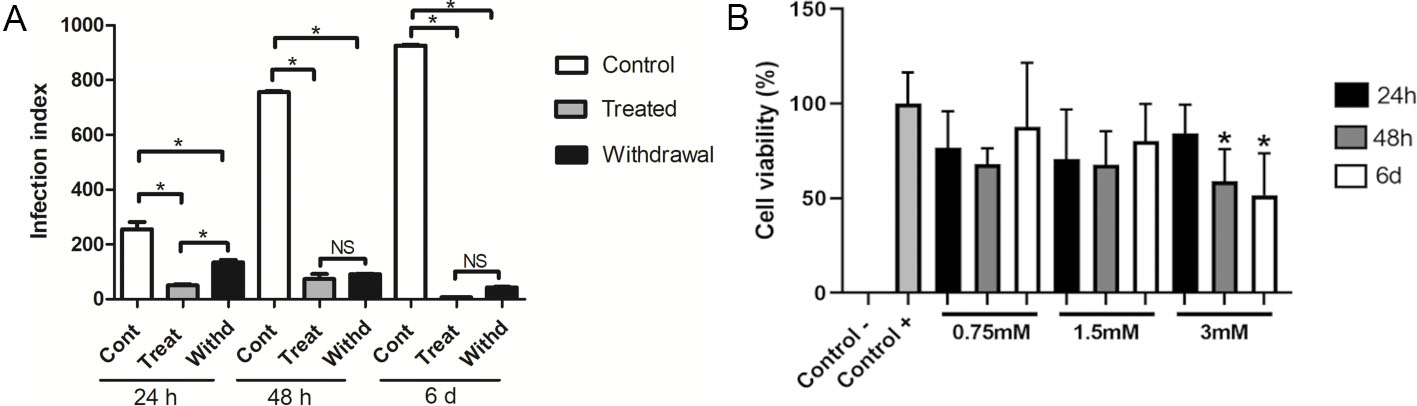 (A) Viability of LLC-MK2 cells following treatment with melatonin. (B) Toxoplasma gondii infection rate in LLC-MK2 cells.