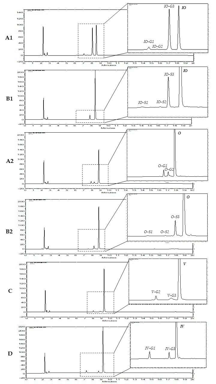 HPLC chromatograms of four flavone C-glycosides and their phase II metabolites formed by HLM and Human S9 fraction.