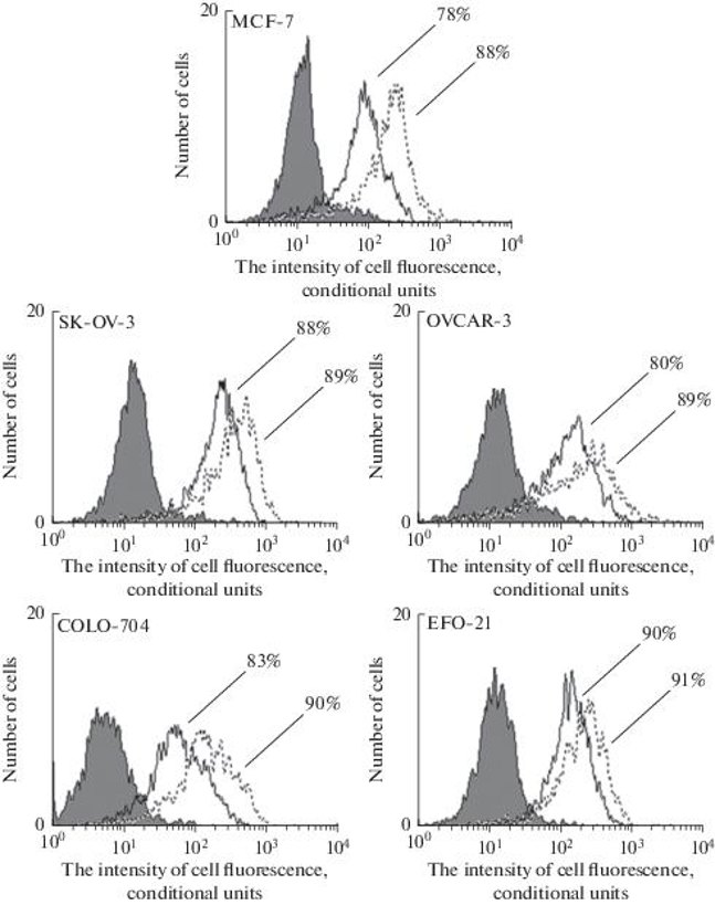 The level and intensity of the ERβ expression in the MCF-7 breast cancer cells and in the SK-OV-3, OVCAR-3, COLO-704, and EFO-21 ovarian cancer cell lines at different concentrations of specific monoclonal antibody.